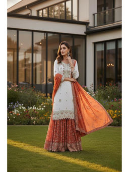 Mirraw - Orange Silk Blend Embellished Kurta and Sharara with Dupatta