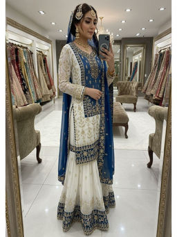 Mirraw - Blue Georgette Embellished Kurta and Sharara with Dupatta