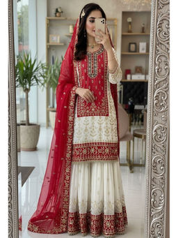 Mirraw - Beige Georgette Embellished Kurta and Sharara with Dupatta