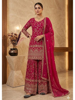 Mirraw - Rani Pink Silk Blend Embellished Kurta and Sharara with Dupatta