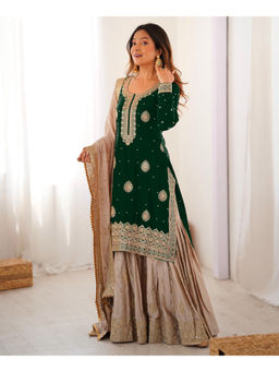 Mirraw - Green Georgette Embroidered Kurta and Sharara with Dupatta