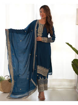 Mirraw - Teal Blue Silk Embroidered Kurta with Pant and Dupatta