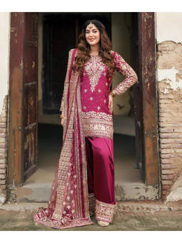 Mirraw - Rani Pink Embroidered Kurta with Pant and Net Dupatta