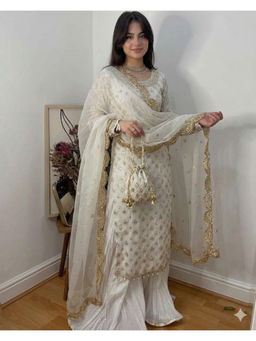 Mirraw - Rani Pink Georgette Suit with Embroidery Kurta with Palazzo and Dupatta