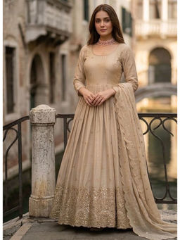 Mirraw - Dark Beige Gold Anarkali Gown with Pant and Dupatta