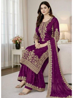 Mirraw - Lavish Purple Silk with Embroidery Kurta with Palazzo with Dupatta