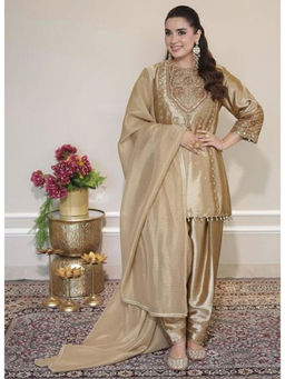Mirraw - Golden Silk Blend Palazzo Embroidered Kurta with Salwar and Dupatta