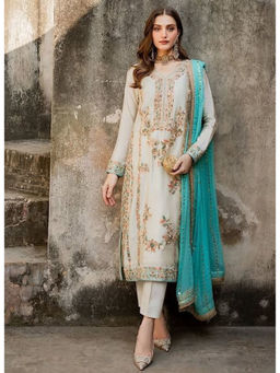 Mirraw - White Silk Blend Embroidered Kurta and Pant with Dupatta