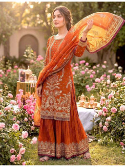 Mirraw - Orange Georgette Embroidered Kurta and Sharara with Dupatta