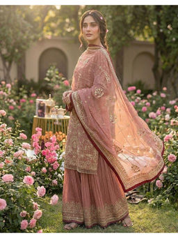 Mirraw - Light Pink Georgette Embroidered Kurta and Sharara with Dupatta