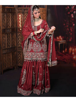 Mirraw - Rich Red Georgette Embroidered Kurta and Sharara with Dupatta