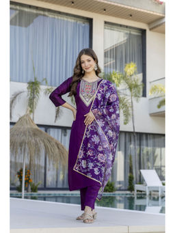 THE52 - Purple Embroidered Chanderi Cotton Straight Kurta with Pant and Dupatta