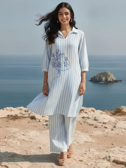 Dora Dori - Blue Viscose Rayon Stripes Co-ord Set