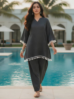 Dora Dori - Charcoal Pure Cotton Solid Kurta and Pant