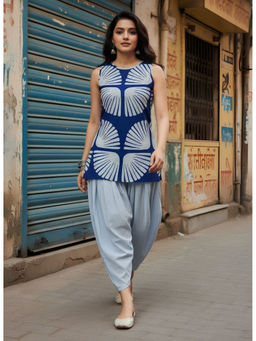 Dora Dori - Blue Pure Cotton Printed Kurta and Farshi Salwar