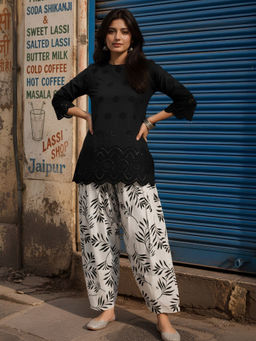 Dora Dori - Black Pure Cotton Embroidered Kurti and Farshi Salwar