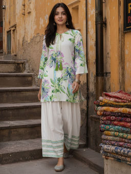 Dora Dori - White Viscose Rayon Floral Kurta and Farshi Salwar