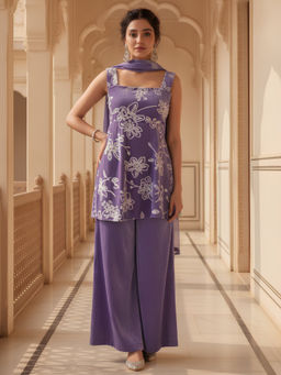 Dora Dori - Purple Silk Blend Floral Kurti and Palazzo with Dupatta