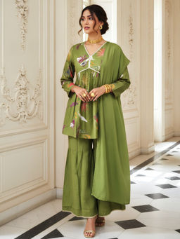 Dora Dori - Green Silk Blend Floral Kurta and Sahrara with Dupatta