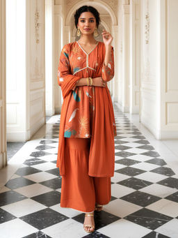 Dora Dori - Orange Silk Blend Floral Kurta and Sharara with Dupatta