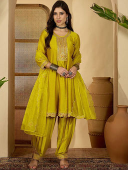 THE52 - Yellow Women's Embroidery Work Fabric A-line Kurta with Salwar and Dupatta