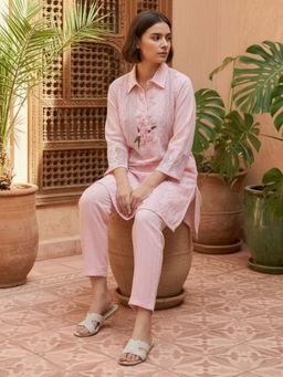 GULABI DORI - Baby Pink Cotton Handowork And Embroidered Co-Ord Set