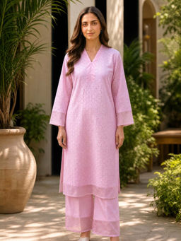 GULABI DORI - Pink Schiffli With Pearl Work Co-Ord Set
