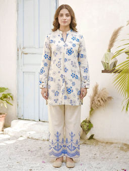 GULABI DORI - Cream And Teal Blue Cotton Slub Co-Ord Set