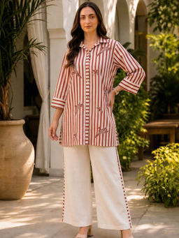 GULABI DORI - Off-White And Red Striped Cotton Slub Embroidered Co-Ord Set