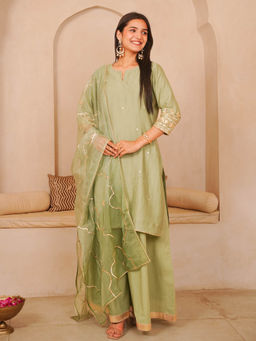GULABI DORI - Sage Green Chanderi Kurta with Palazzo and Dupatta