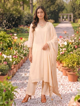 GULABI DORI - Soft Beige Kota Doria Kurta with Pant and Dupatta