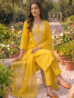 GULABI DORI - Custard Yellow Kota Doria Kurta with Pant and Dupatta