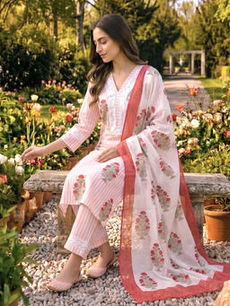 GULABI DORI - Pink Cotton Handblock Kurta with Pant and Dupatta