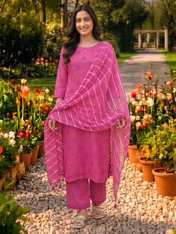GULABI DORI - Hot Pink Kota Doria With Embroidery Kurta with Pant and Dupatta