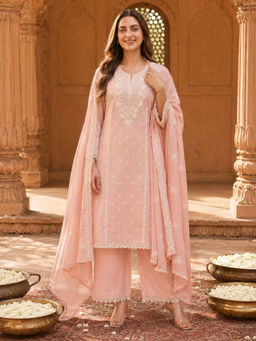 GULABI DORI - Baby Pink Crushed Mul Chanderi Embroidered Kurta with Pant and Dupatta