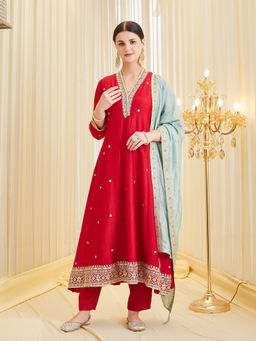 MOKOSH - Women Red Silk Embroidered Anarkali Kurta with Pant and Dupatta