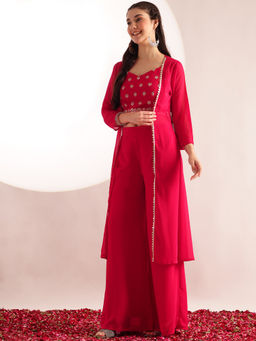 Vbuyz - Women'S Pink Embroidered , Solid Straight Crop Top with Plazzo and Shrug