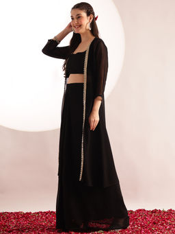 Vbuyz - Women'S Black Embroidered , Solid Straight Crop Top with Plazzo and Shrug