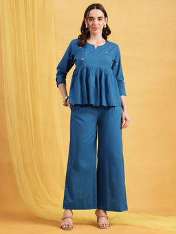 Vbuyz - Women'S Teal Blue Solid Flared Cotton Stitched Co-Ord Set