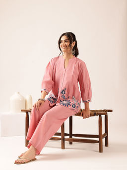 Vbuyz - Women'S Baby Pink Floral Flared Cotton Stitched Co-Ord Set