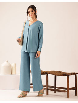 Vbuyz - Women'S Teal Blue Solid Straight Linen Stitched Co-Ord Set