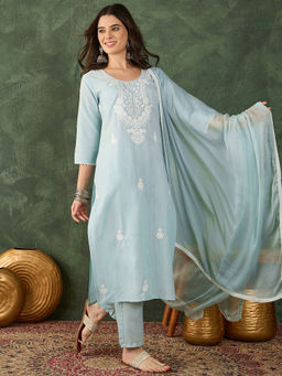 THE52 - Women's Thread Work Cotton Blend Straight Kurta With Pant and Dupatta