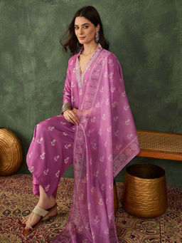 THE52 - Women's Pink Gorgeous Rayon Printed Work Straight Kurta Pant and Dupatta