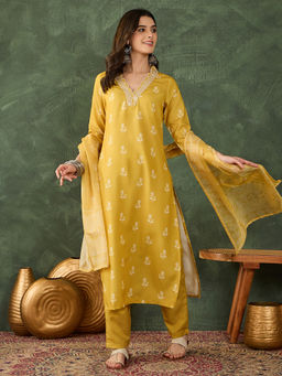 THE52 - Women's Yellow Rayon Fabric Printed Work Straight Kurta Pant and Dupatta