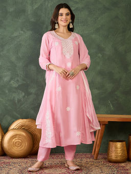 THE52 - Peach Thread Work Cotton Blend Flared Kurta with Pant and Dupatta