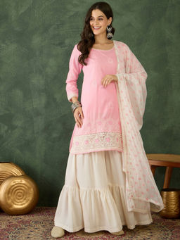 THE52 - Women's Embroidery Work Cotton Straight Kurta with Sharara and Dupatta