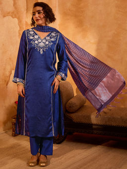THE52 - Blue Viscose Silk Embroidered A-Line Kurta with Pant and Dupatta