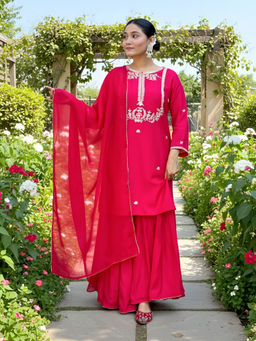 THE52 - Red Embroidered Viscose Silk Kurta with Palazzo and Dupatta