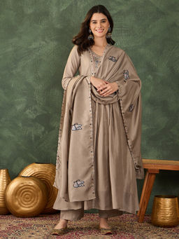 THE52 - Grey Embroidered Vichitra Silk Flared Anarkali Kurta with Pant and Dupatta