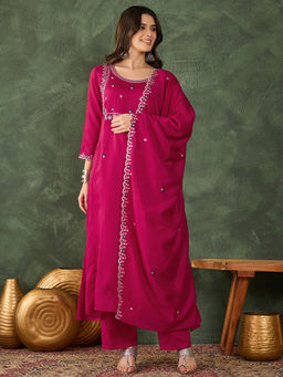THE52 - Women's Pink Embroidery Work Silk Flared Kurta with Pant and Dupatta
